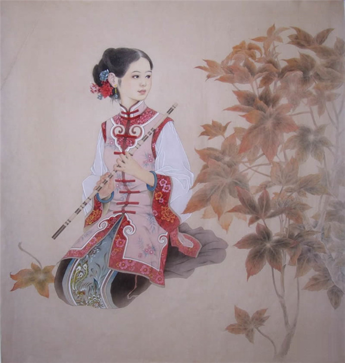 中國(guó)演奏傳統(tǒng)樂(lè)器笛子與簫的國(guó)畫作品