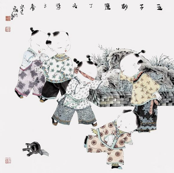 著名中國(guó)畫家王家訓(xùn)的筒子嬉戲圖