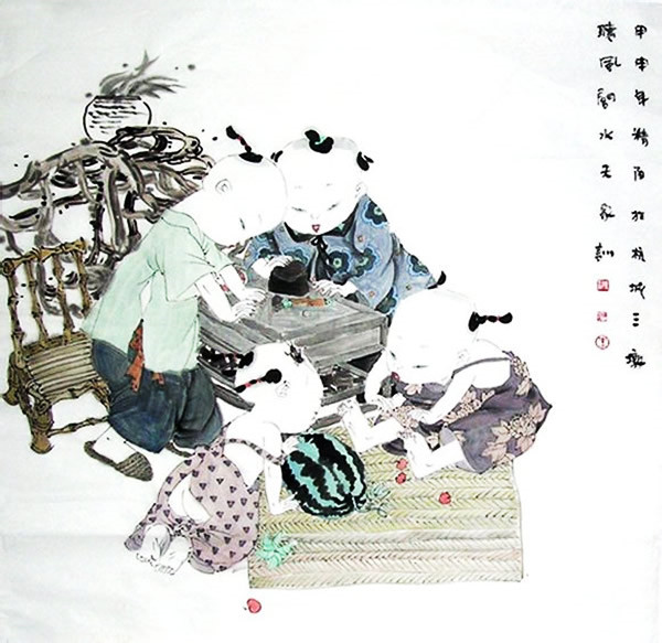 著名中國(guó)畫家王家訓(xùn)的筒子嬉戲圖