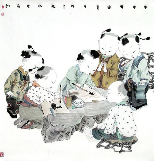 著名中國(guó)畫家王家訓(xùn)的筒子嬉戲圖