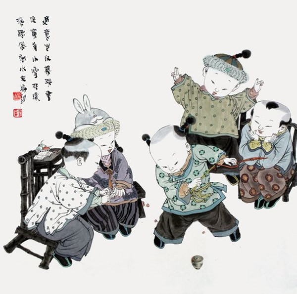 著名中國(guó)畫家王家訓(xùn)的筒子嬉戲圖