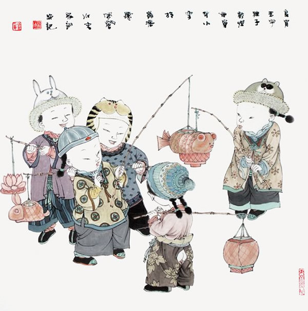 著名中國畫家王家訓的筒子嬉戲圖