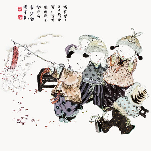 著名中國畫家王家訓的筒子嬉戲圖