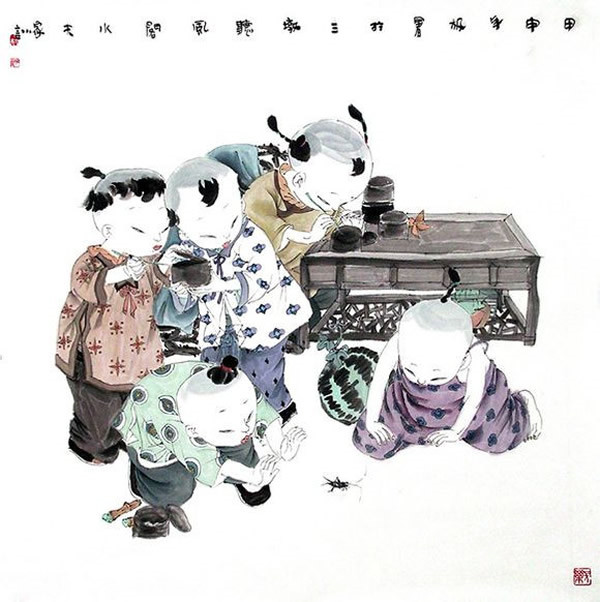 著名中國畫家王家訓的筒子嬉戲圖