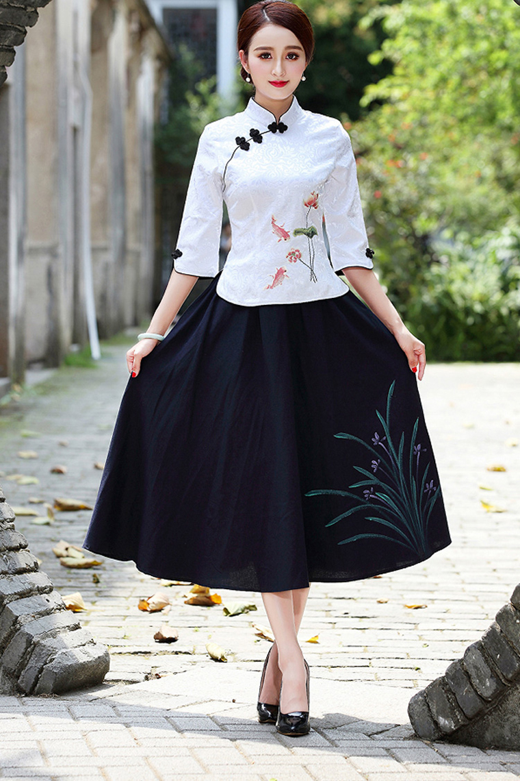 福連文苑復(fù)古盤扣棉麻改良旗袍