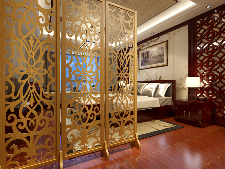 中式仿古典雕花鏤空折屏