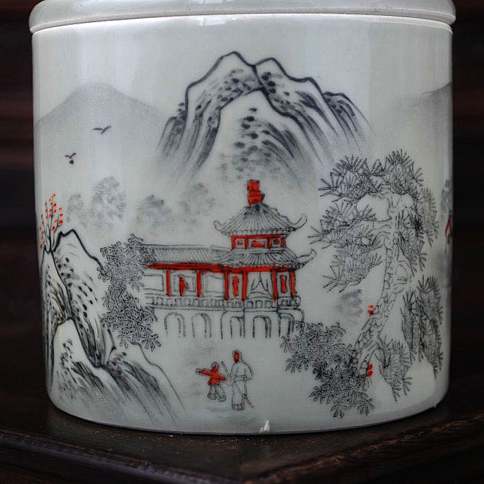 手繪民國(guó)山水圖景德鎮(zhèn)陶瓷仿古蟈蟈罐