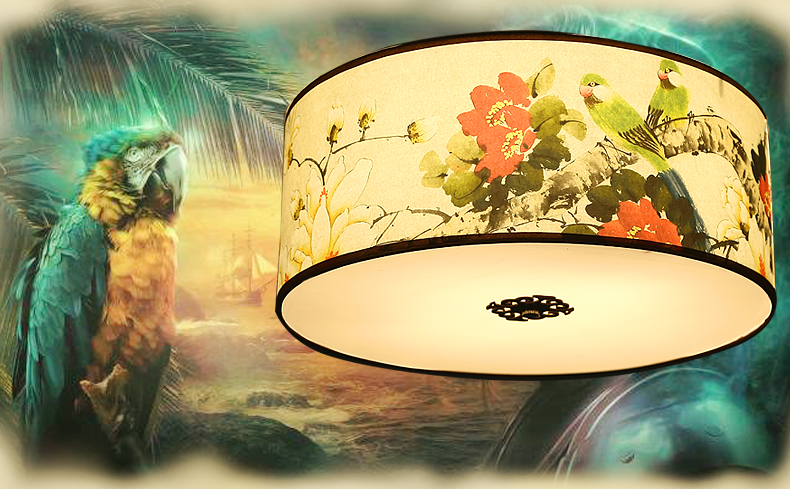 福連文苑圓形國畫花鳥元素中式吸頂燈