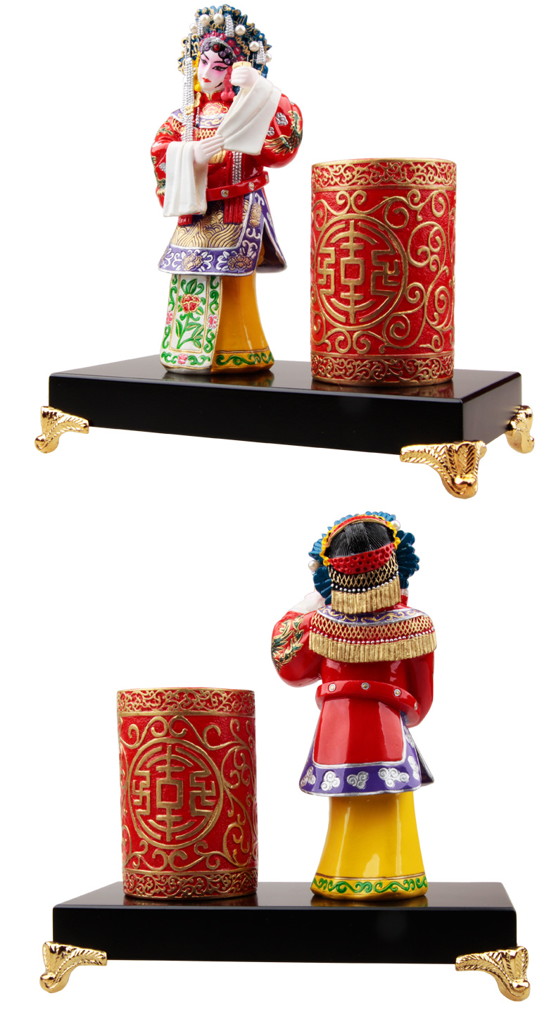 兩款福連文苑國粹京劇人物臉譜泥塑彩繪筆筒