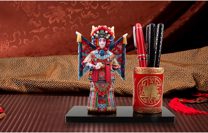 兩款福連文苑國粹京劇人物臉譜泥塑彩繪筆筒