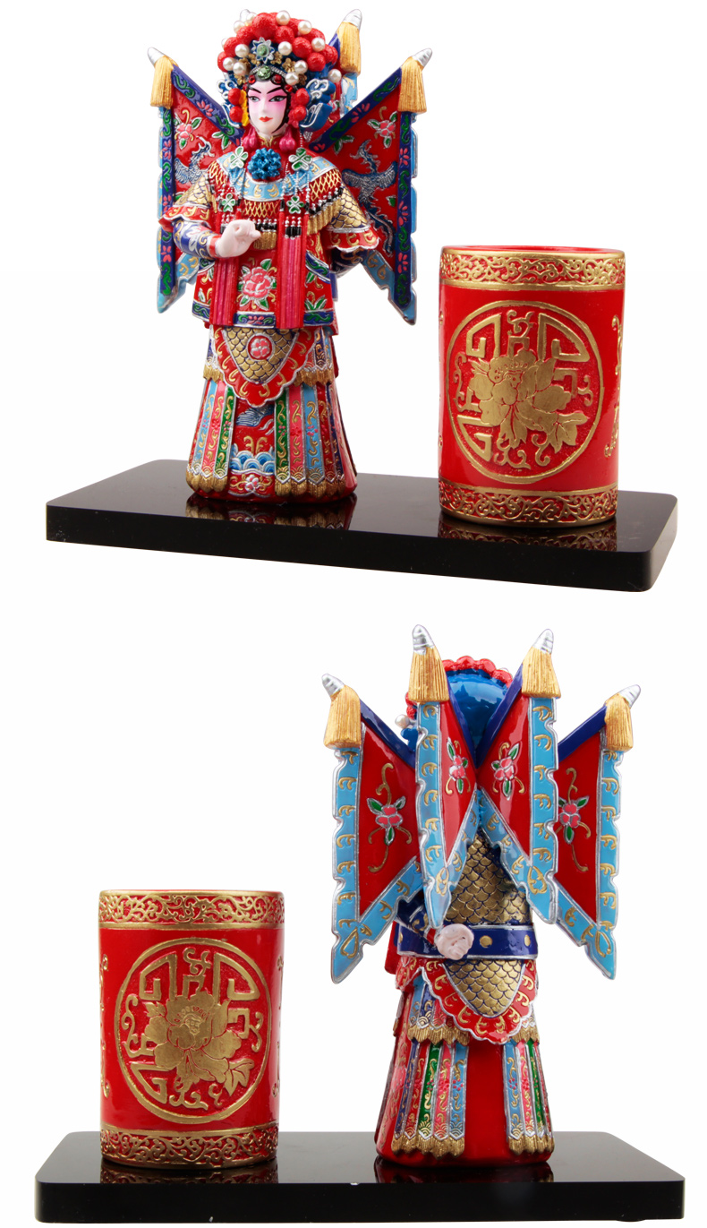 兩款福連文苑國粹京劇人物臉譜泥塑彩繪筆筒