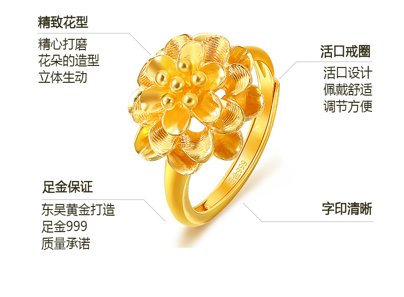 黃金戒指女款開(kāi)口指環(huán)牡丹花