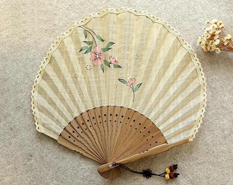福連文苑扇子女式棉麻布扇貝殼扇