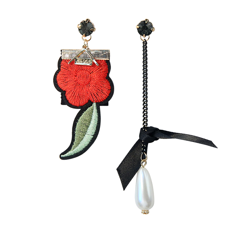 福連文苑時尚刺繡耳環(huán)不對稱耳釘長款珍珠吊墜