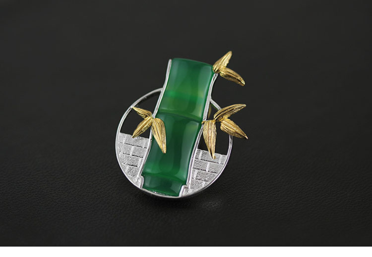 福連文苑古典鑲玉髓竹子純銀胸針