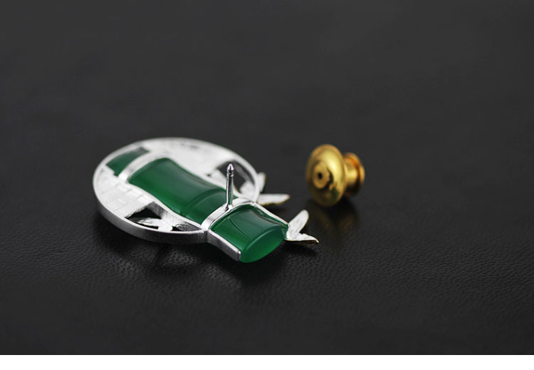 福連文苑古典鑲玉髓竹子純銀胸針