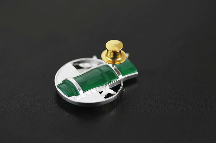 福連文苑古典鑲玉髓竹子純銀胸針