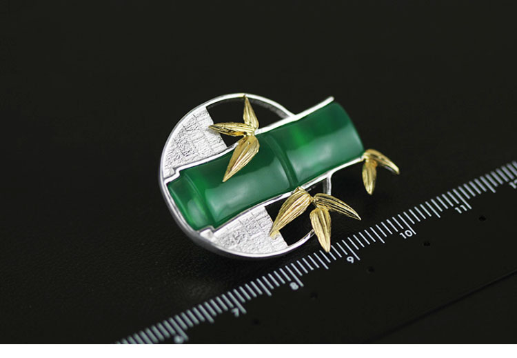 福連文苑古典鑲玉髓竹子純銀胸針