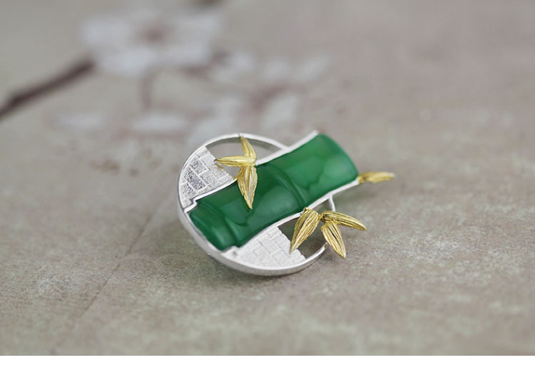福連文苑古典鑲玉髓竹子純銀胸針