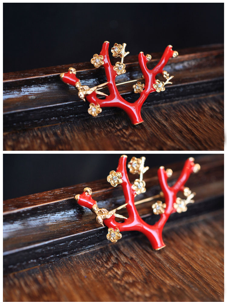 福連文苑文藝復(fù)古紅釉梅花樹枝棲小鳥雅致胸針