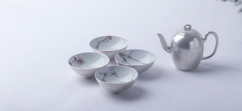 福連文苑梅蘭竹菊鎏銀茶具套裝