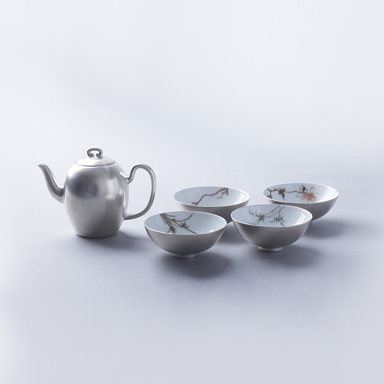 福連文苑梅蘭竹菊鎏銀茶具套裝