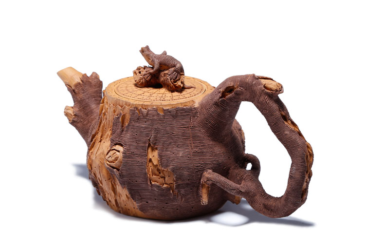 仿木外皮紫砂壺，創(chuàng)意木樁手工雕刻紫砂壺
