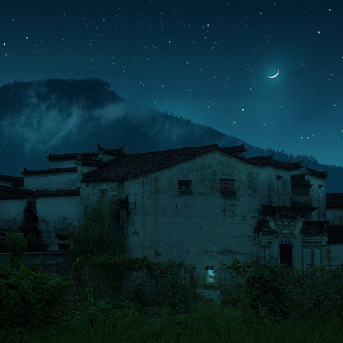 湖光月色插畫，景色秀麗手繪插畫