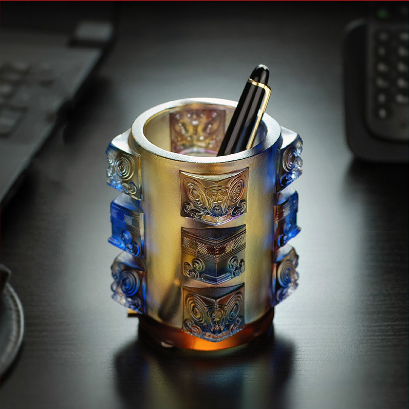 精美失蠟古琉筆筒，中國傳統(tǒng)手工琉璃筆筒