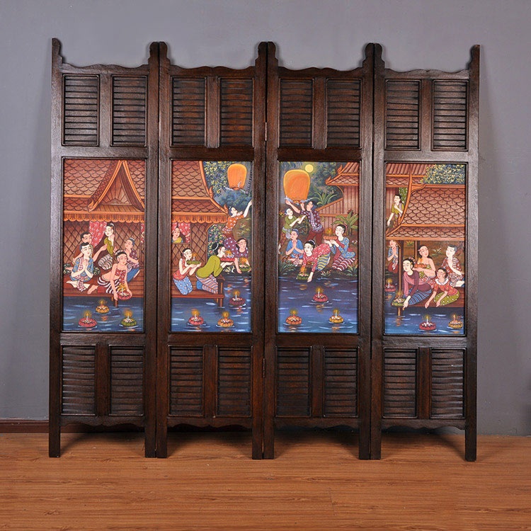 東南亞實(shí)木屏風(fēng)，手繪油畫(huà)屏風(fēng)