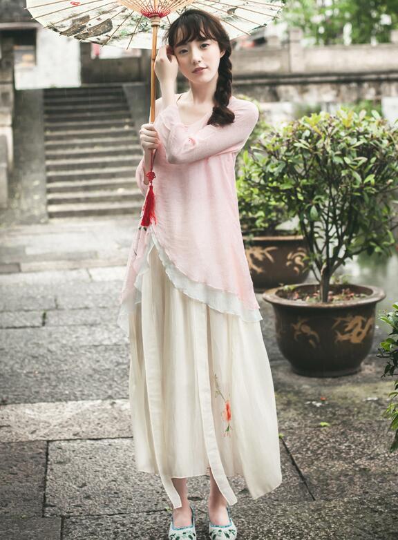 改良版復(fù)古福連文苑的漢服，簡(jiǎn)約粉荷色漢服圖片