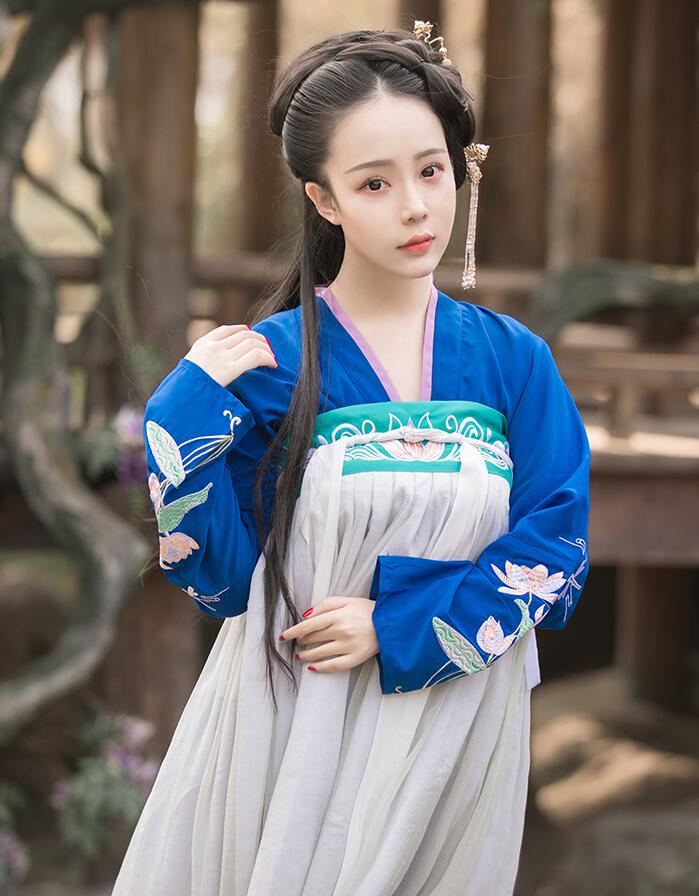 漢服荷花刺繡清新古裝，錦絲皺齊胸襦裙?jié)h服