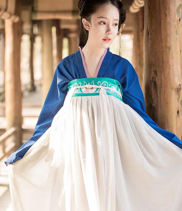 漢服荷花刺繡清新古裝，錦絲皺齊胸襦裙?jié)h服