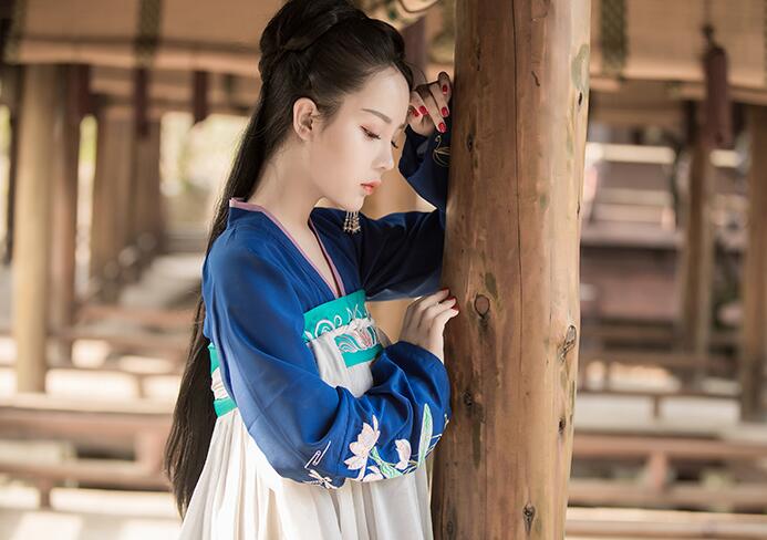 漢服荷花刺繡清新古裝，錦絲皺齊胸襦裙?jié)h服