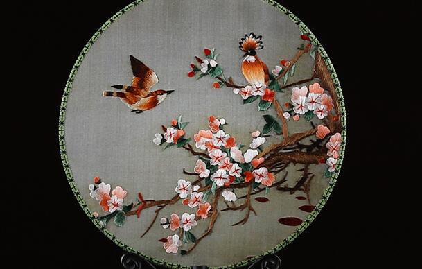 雙面真絲手工刺繡團(tuán)扇，古典黑檀木宮扇子