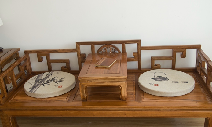 福連文苑亞麻布料坐墊，水墨畫圓凳子坐墊