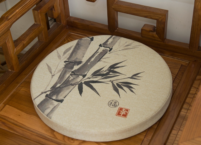 福連文苑亞麻布料坐墊，水墨畫圓凳子坐墊
