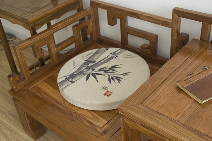 福連文苑亞麻布料坐墊，水墨畫圓凳子坐墊