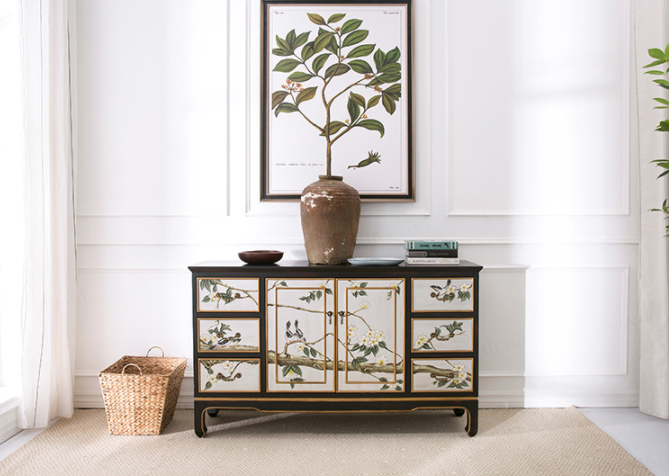 清新國畫收納進(jìn)門柜子，實(shí)木玄關(guān)裝飾門廳柜子