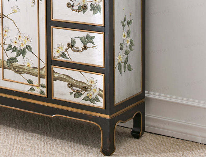 清新國畫收納進(jìn)門柜子，實(shí)木玄關(guān)裝飾門廳柜子