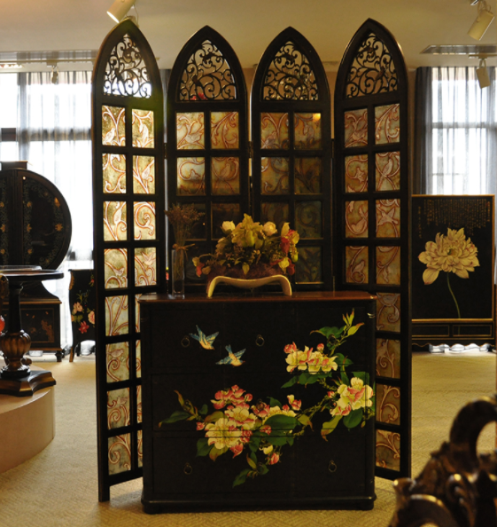 實木鏤空玄關(guān)折屏，新古典復(fù)古彩繪玻璃屏風