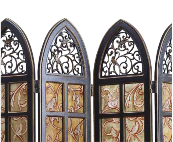 實木鏤空玄關(guān)折屏，新古典復(fù)古彩繪玻璃屏風