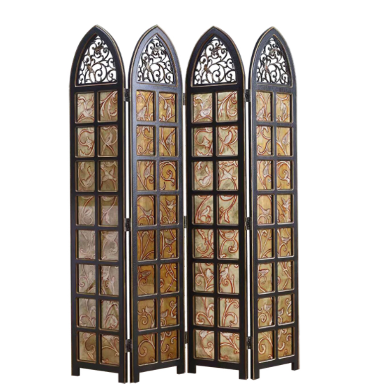 實木鏤空玄關(guān)折屏，新古典復(fù)古彩繪玻璃屏風
