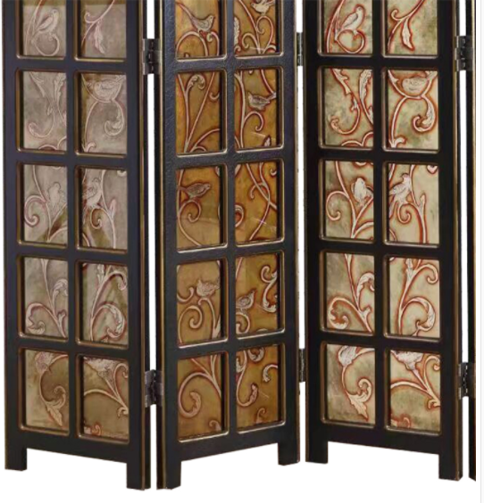 實木鏤空玄關(guān)折屏，新古典復(fù)古彩繪玻璃屏風