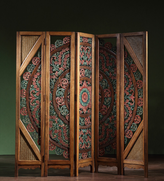 中式復(fù)古實木隔斷屏風，彩繪木質(zhì)手工雕花屏風