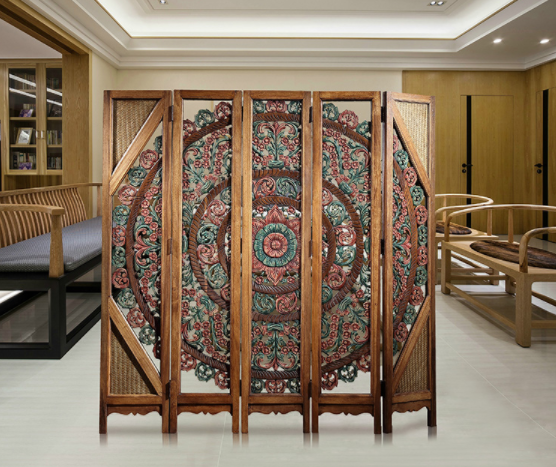 中式復(fù)古實木隔斷屏風，彩繪木質(zhì)手工雕花屏風