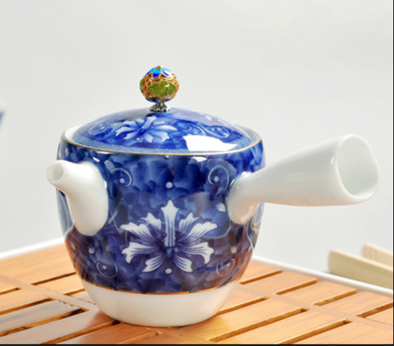 手工茶壺，脂白描金側(cè)把功夫茶具