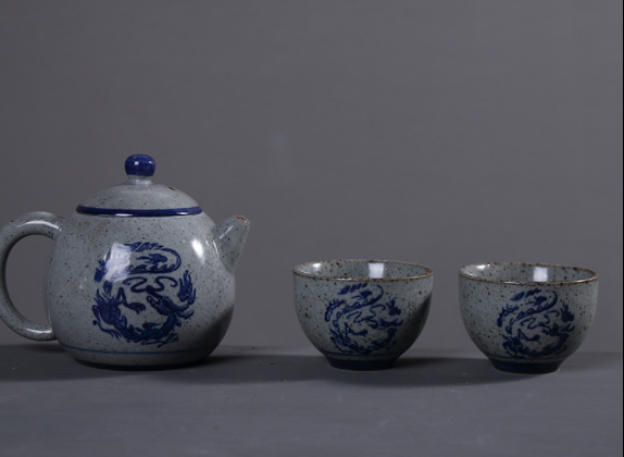 復古陶瓷一壺兩杯茶具，粗麻繩提梁壺具