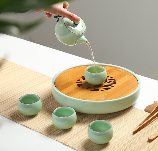 一盞清禪青瓷茶盤，陶瓷手繪荷花茶具