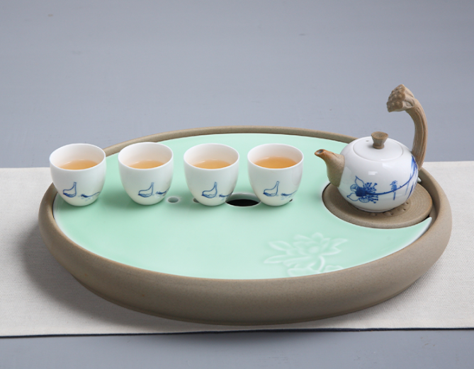 一盞清禪青瓷茶盤，陶瓷手繪荷花茶具